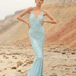 In Stock Primavera Couture 3636 Size 00 Long Fitted Beaded Prom Dress V Neck Slit Formal Pageant