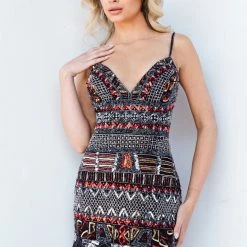 Prom Dresses Jovani 000119 Short Fitted Geometric Sequin Fringe Formal Cocktail Dress Corset Gown