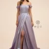 In Stock Nox Anabel E366 Off The Shoulder Maxi Slit Metallic Prom Dress Backless Corset Formal Gown Backless Dresses