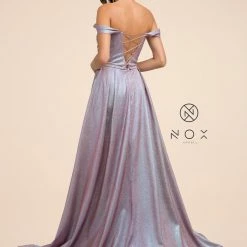 In Stock Nox Anabel E366 Off The Shoulder Maxi Slit Metallic Prom Dress Backless Corset Formal Gown Backless Dresses
