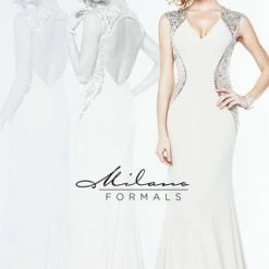 In Stock Milano Formals E 1876 Nude Size 00, 2 V Neckline Prom Dress Embellished Sides Formal Ballgown Dresses