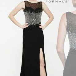 In Stock Long Sleeve Dresses Milano Formals 1864 Size 2, 6 Long Black Formal Beaded Evening Dress High Neck