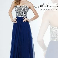 In Stock Milano Formals 1870 Size 4 Long Navy Chiffon Prom Dress Formal Gown Backless Dresses
