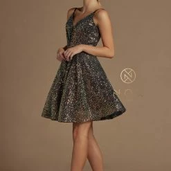 Sequin Dresses Nox Anabel R703 Short Fit & Flare Sequin Formal Cocktails Dress V Neck Gown