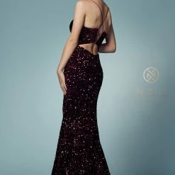 In Stock Backless Dresses Nox Anabel R433 Size 10, 16 Long Fitted Velvet Sequin Prom Dress Formal Slit V Neck Corset