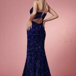 Nox Anabel R433 Long Fitted Velvet Sequin Prom Dress Formal Slit V Neck Corset Backless Dresses