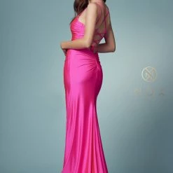 Backless Dresses Nox Anabel T481 Long Fitted Jersey Prom Dress Backless Corset Slit Formal Gown Train