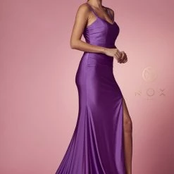 Backless Dresses Nox Anabel T481 Long Fitted Jersey Prom Dress Backless Corset Slit Formal Gown Train