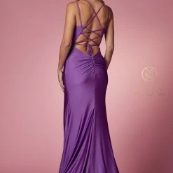 In Stock Nox Anabel T481 Size 12 Iris Long Fitted Jersey Prom Dress Backless Corset Slit Formal Gown Train