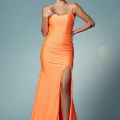 In Stock Nox Anabel T481 Size 6 Long Fitted Jersey Prom Dress Backless Corset Slit Formal Gown Train Backless Dresses