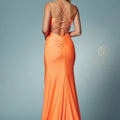 Backless Dresses Nox Anabel T481 Long Fitted Jersey Prom Dress Backless Corset Slit Formal Gown Train