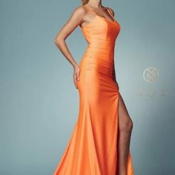 Backless Dresses Nox Anabel T481 Long Fitted Jersey Prom Dress Backless Corset Slit Formal Gown Train