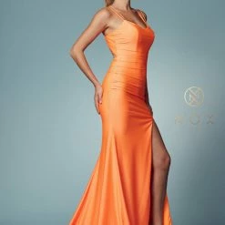 In Stock Backless Dresses Nox Anabel T481 Size 2, 8 Long Fitted Jersey Prom Dress Backless Corset Slit Formal Gown Train