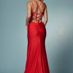 In Stock Nox Anabel T481 Size 6 Long Fitted Jersey Prom Dress Backless Corset Slit Formal Gown Train Backless Dresses