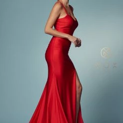Backless Dresses Nox Anabel T481 Long Fitted Jersey Prom Dress Backless Corset Slit Formal Gown Train