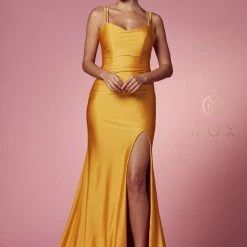 In Stock Backless Dresses Nox Anabel T481 Size 2, 8 Long Fitted Jersey Prom Dress Backless Corset Slit Formal Gown Train