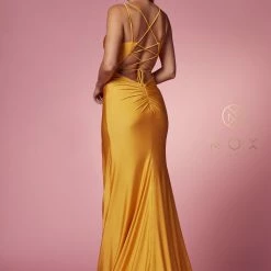 In Stock Backless Dresses Nox Anabel T481 Size 2, 8 Long Fitted Jersey Prom Dress Backless Corset Slit Formal Gown Train