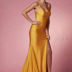 Backless Dresses Nox Anabel T481 Long Fitted Jersey Prom Dress Backless Corset Slit Formal Gown Train
