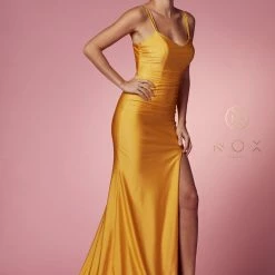 In Stock Nox Anabel T481 Size 12 Iris Long Fitted Jersey Prom Dress Backless Corset Slit Formal Gown Train
