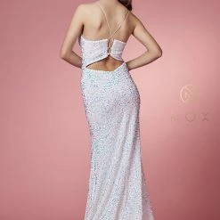 In Stock Backless Dresses Nox Anabel R433 Size 10, 16 Long Fitted Velvet Sequin Prom Dress Formal Slit V Neck Corset