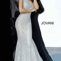 Mermaid Dresses Jovani 00353 Shimmer Lace One Shoulder Mermaid Prom Dress Metallic Pageant