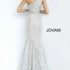 Mermaid Dresses Jovani 00353 Shimmer Lace One Shoulder Mermaid Prom Dress Metallic Pageant