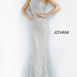 Mermaid Dresses Jovani 00353 Shimmer Lace One Shoulder Mermaid Prom Dress Metallic Pageant