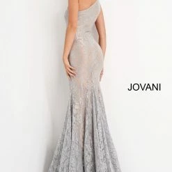 Mermaid Dresses Jovani 00353 Shimmer Lace One Shoulder Mermaid Prom Dress Metallic Pageant