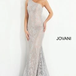 Mermaid Dresses Jovani 00353 Shimmer Lace One Shoulder Mermaid Prom Dress Metallic Pageant