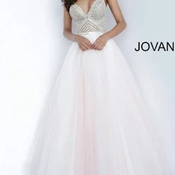Jovani 00580 Blush Beaded Bodice Tie Back Prom Dress Ball Gown Ballgown Dresses