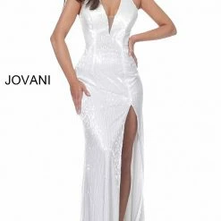 Jovani 00694 Fully Beaded V Neckline Linear Beaded Prom Dress Evening Gown Pageant