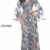 Jovani 00752 Long Navy Lace Formal Evening Dress Long Drape Sleeve Maxi Gown