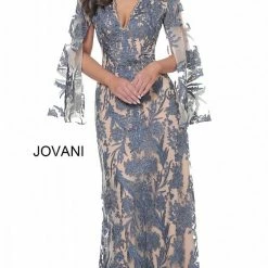 Jovani 00752 Long Navy Lace Formal Evening Dress Long Drape Sleeve Maxi Gown
