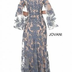 Jovani 00752 Long Navy Lace Formal Evening Dress Long Drape Sleeve Maxi Gown