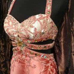 In Stock Tiffany Panoply 14452 Salmon Size 4 Cut Out Prom Dress Satin Straps Crystal