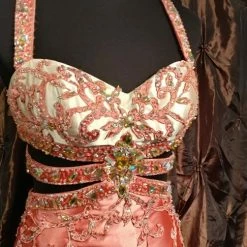 In Stock Tiffany Panoply 14452 Salmon Size 4 Cut Out Prom Dress Satin Straps Crystal