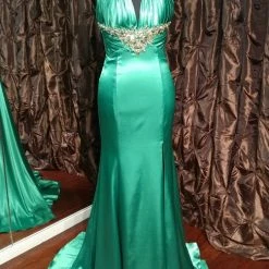 In Stock CLEARANCE Xcite Prom Dress 30262 Emerald Size 4 Satin Crystal Halter Pageant Train