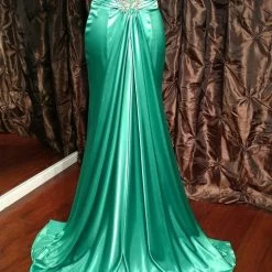 In Stock CLEARANCE Xcite Prom Dress 30262 Emerald Size 4 Satin Crystal Halter Pageant Train
