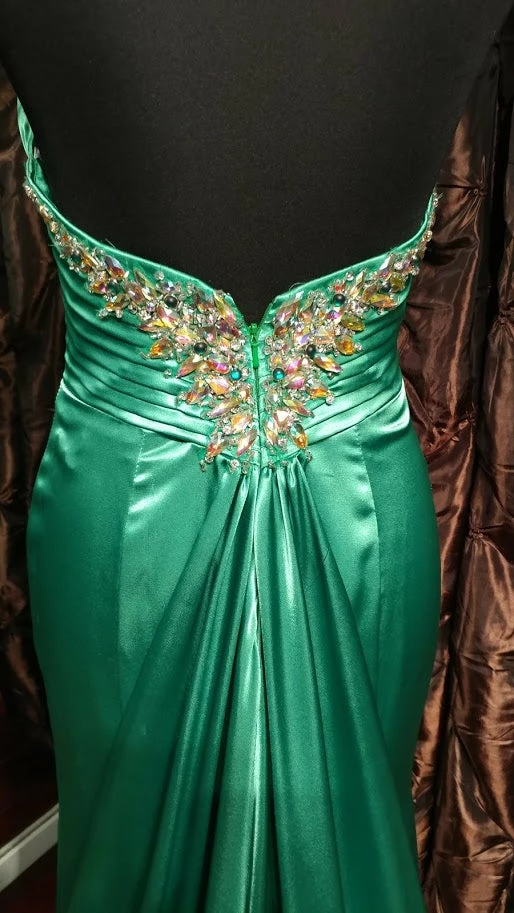 In Stock CLEARANCE Xcite Prom Dress 30262 Emerald Size 4 Satin Crystal Halter Pageant Train 7 In Stock CLEARANCE Xcite Prom Dress 30262 Emerald Size 4 Satin Crystal Halter Pageant Train