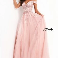 Jovani 02022 Off The Shoulder Lace A Line Prom Dress Evening Gown Sheer Ball Gown Ballgown Dresses