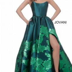 Ballgown Dresses Jovani 02038 Floral Ballgown Long Print Prom Dress Slit Strapless Designer V Points Neckline