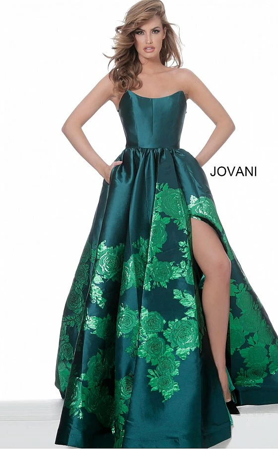 Ballgown Dresses Jovani 02038 Floral Ballgown Long Print Prom Dress Slit Strapless Designer V Points Neckline 4 Ballgown Dresses Jovani 02038 Floral Ballgown Long Print Prom Dress Slit Strapless Designer V Points Neckline