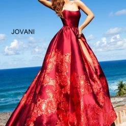 Ballgown Dresses Jovani 02038 Floral Ballgown Long Print Prom Dress Slit Strapless Designer V Points Neckline
