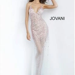 Jovani 02047 Sheer Sheath Crystal Embellished Sexy Evening Gown Formal Dress Prom Backless Dresses