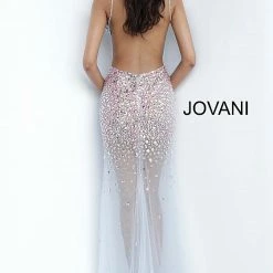 Jovani 02047 Sheer Sheath Crystal Embellished Sexy Evening Gown Formal Dress Prom Backless Dresses
