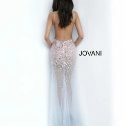 Jovani 02047 Sheer Sheath Crystal Embellished Sexy Evening Gown Formal Dress Prom Backless Dresses