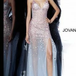 Jovani 02047 Sheer Sheath Crystal Embellished Sexy Evening Gown Formal Dress Prom Backless Dresses