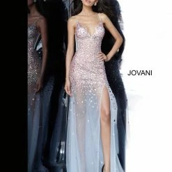 Jovani 02047 Sheer Sheath Crystal Embellished Sexy Evening Gown Formal Dress Prom Backless Dresses