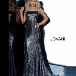 Backless Dresses Jovani 02076 Metallic Prom Dress Evening Gown Long Train Open Back Lace Up Tie