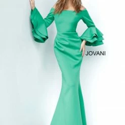 Jovani 02140 Long Off The Shoulder Bell Sleeve Dress Evening Gown Ruched Ruffle